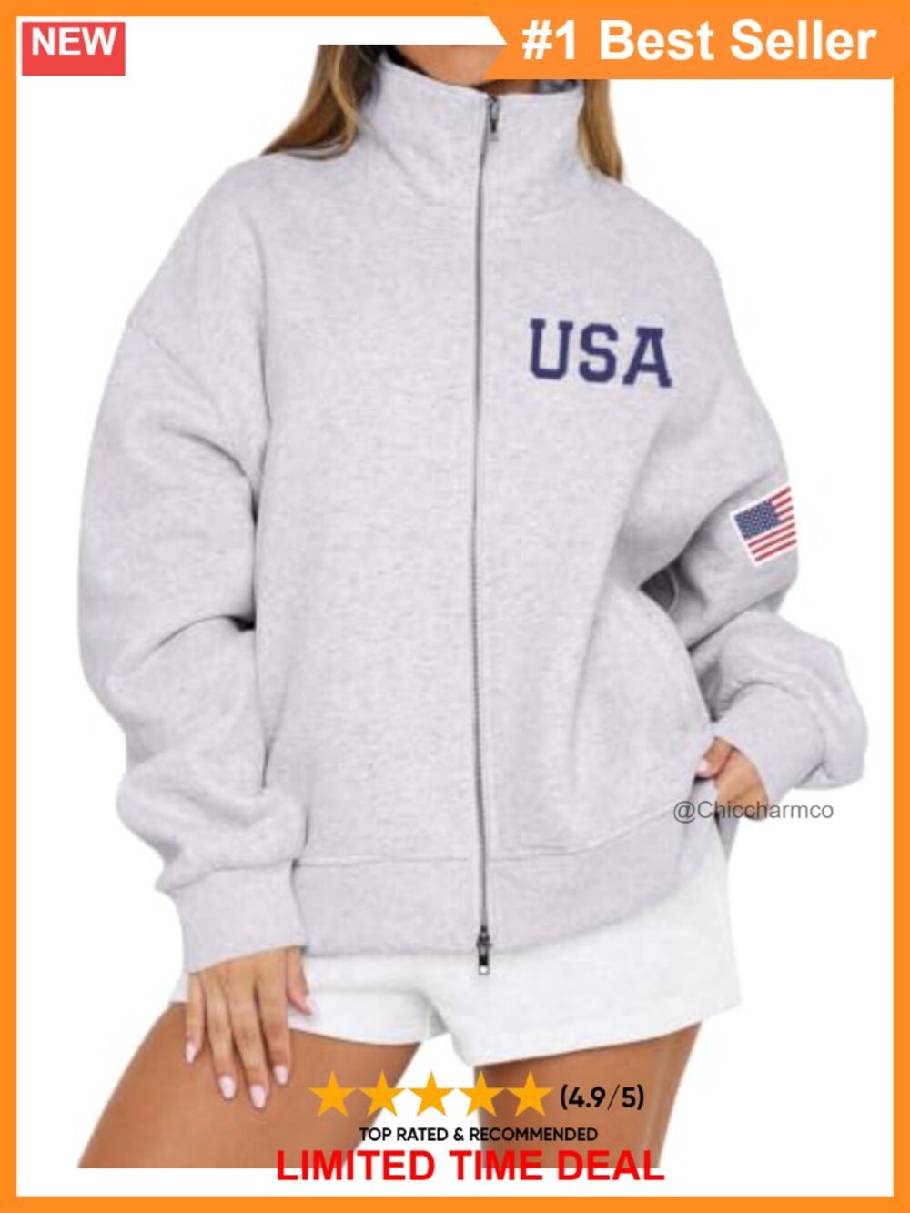 Cotton Blend Full Zip Up Stand Collar Jacket with Pockets Oversized Fit